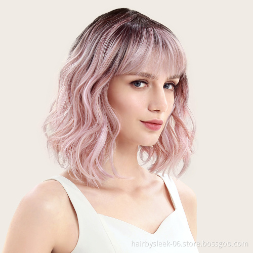 Wholesale wigs with no Lace curly hair for woman machine made Synthetic short fiber wig girl hair cheap synthetic wigs with bang